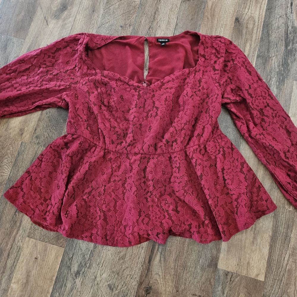 Torrid red lace peplum blouse,  size 1